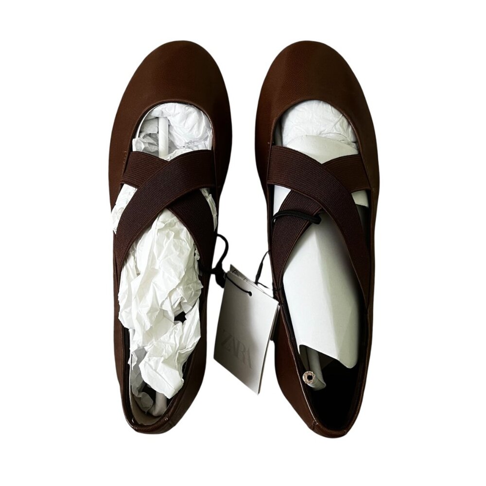 ZARA Leather Ballet Flats with Crossed Elastic Straps – Chocolate Brown Size 7.5 - Picture 4 of 8